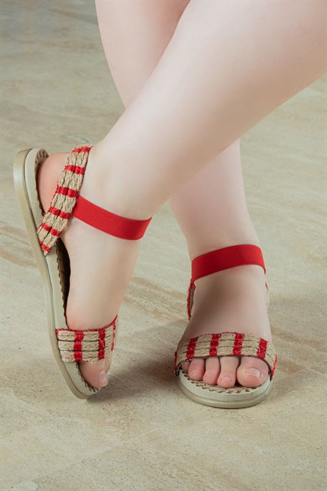 Bedrin Bilek Lastikli Hasır Sandalet Kırmızı