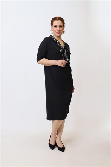 Bedrinxxl, Elbise, Büyük Beden Elbise Pamuklu Viskon V Yaka Mid Mine Elbise Siyah