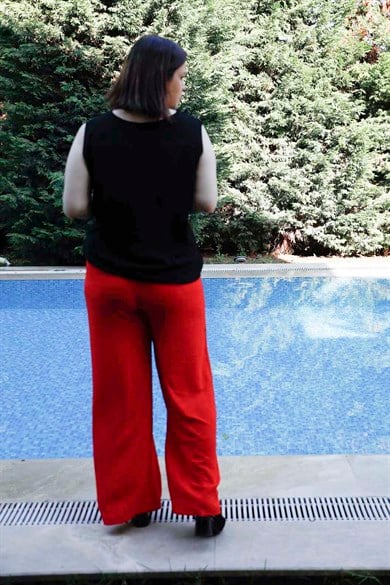 Büyük Beden Bağcıklı Salaş Pantolon Kırmızı, Bedrinxxl