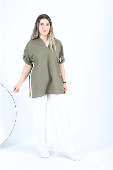 Büyük Beden V-Yaka Kısa Kollu Beyaz Şeritli Bluz Erbil Bluz Yeşil