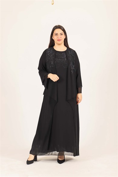Büyük Beden Elbise Astarlı Taş Detaylı Maksi Şifon Elbise Siyah